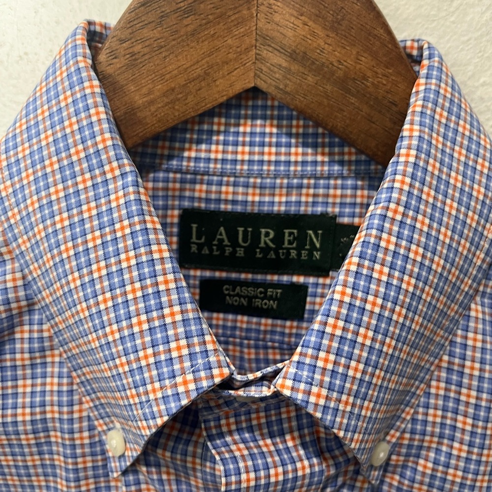 LAUREN RALPH LAUREN CLASSIC FIT BLUE AND ORANGE PLAID BUTTON DOWN MEN’S SHIRT